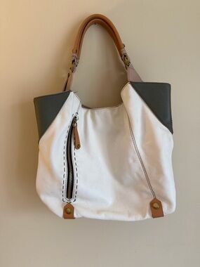 Anthropologie White Leather Tote with Gray Accents and Tan Handles